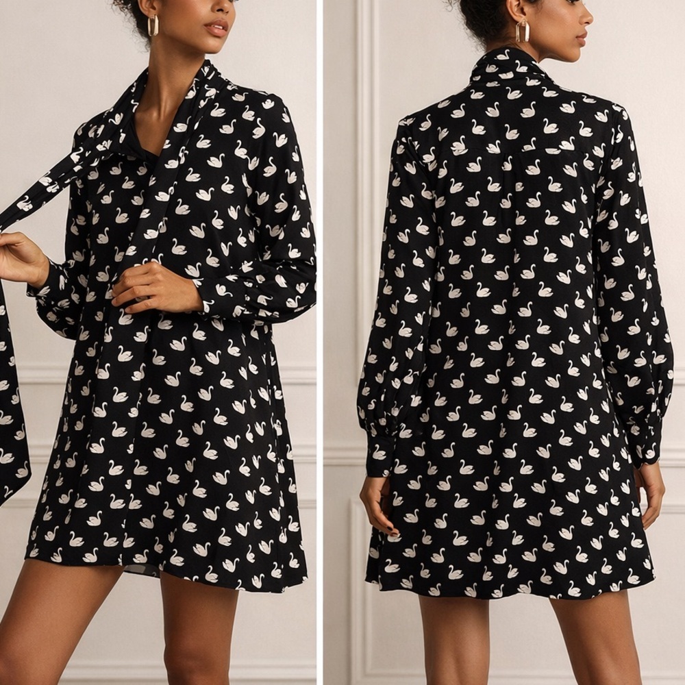 Anthropologie Maeve The Caroline Tie-Neck Mini Dress Black Swan Print - Picture 9 of 9